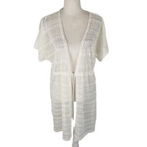 Alexa & Stella White Crochet Mesh Drawstring Waist Short Sleeve Swim Cover Up L